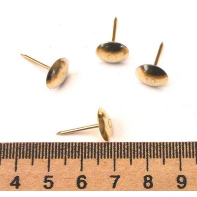 Гвозди "тысячники" золото (гладкие), длина 1.8см, ширина шляпки 10-12мм. Вес коробки 580-600 грамм