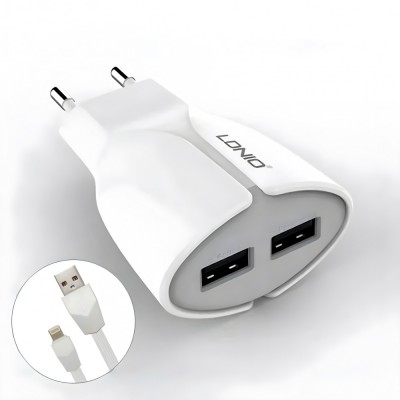 Home Charger 2.1A 2U Lightning Cable (1m) Ldnio A2271 White