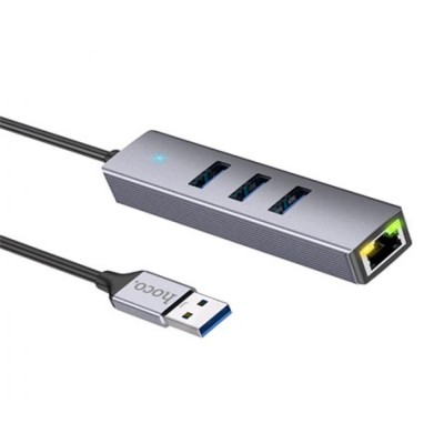 HUB USB To 3 USB3.0 & RJ45 — Hoco HB34 Easy link — Metal Gray