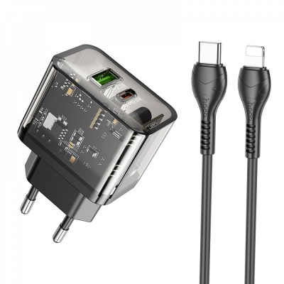 Home Charger | 20W | 2 PD | QC3.0 | C to Lightning Cable (1m) — Hoco N34 Dazzling — Transparent Black