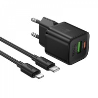 Home Charger | 20W | PD | QC3.0 | C to Lightning Cable (1m) — Hoco N65 — Black Home Charger | 20W | PD | QC3.0 | C to Lightning Cable (1m) — Hoco N65 — Black