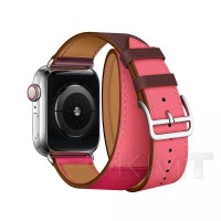 Ремінець Hermes Leather Attelage Double Tour — Apple Watch 42 mm | 44 mm | 45 mm | 49 mm — Rose Red/Pink/Brown