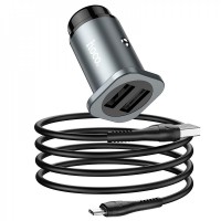 Car Charger | 24W | 2U | USB C Cable (1m) — Hoco NZ4 — Metal Gray