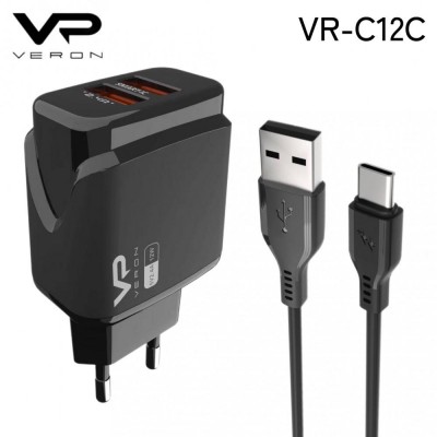 Home Charger | 2.4A | 2U | USB C Cable (1m) — Veron VR-C12C — Black