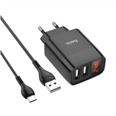 Home Charger | 2.4A | 2U | USB C Cable (1m) — Hoco C86A Digital Display — Black
