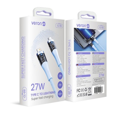 Кабель USB C to Lightning 27W PD (1.2m) — Veron CL05 Nylon Blue — Silver