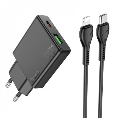 Home Charger | 20W | PD3.0 | C to Lightning Cable (1m) — Hoco N37 — Black