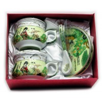 Сервиз фарфор (190мл.)(2GBC-A77SP) 2чашки+2блюдца+2ложки Девушка на салатном фоне (h-6см.,d-7см.)