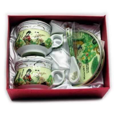 Сервиз фарфор (190мл.)(2GBC-A77SP) 2чашки+2блюдца+2ложки Девушка на салатном фоне (h-6см.,d-7см.)