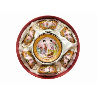 Сервиз круглый фарфор (70мл.)(6CCS112-1)6 чашек+6 блюдец Девушки(h-4см, d-7,3см,d блюдца 11 см) Сервиз круглый фарфор (6CCS112-1) 6 чашек+ 6 блюдец "Девушки на розовом фоне" (10шт.в ящ.) код 19776