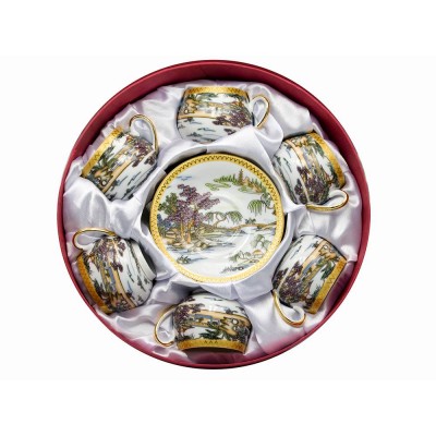 Сервиз круглый фарфор (110 мл)(6SCS95) 6 чашек+ 6 блюдец Пейзаж (h-5,5см, d-5см,d блюдца 11 см)