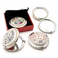 Зеркальце косметическое Узор с камнями хром (d-7 см)(в коробке + чехольчик)c