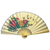 Веер бамбук с шелком Пионы на светло-желтом фоне