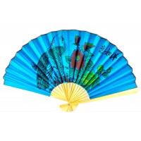 Веер бамбук с шелком Павлины на синем фоне