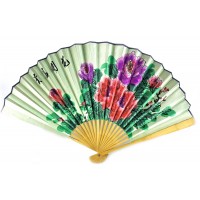 Веер бамбук с шелком Цветы на  бирюзовом фоне