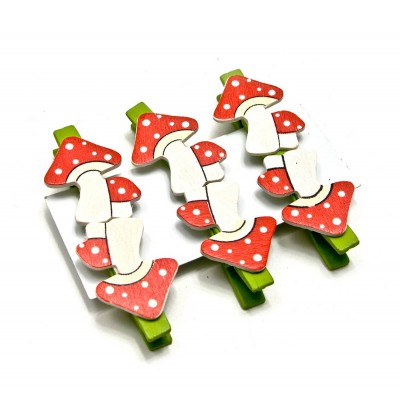 Украшалочки "Мухоморы" прищепка дерево (н-р 6 шт) ЦЕНА ЗА НАБОР код 26018