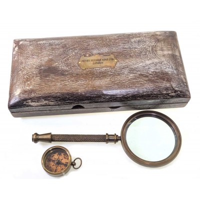 Лупа с компасом в деревянном футляре (23,5х11х4 см)(Brass,Wood Kit Box with Compass & Magnifier) код 28236