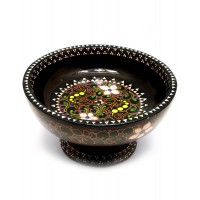 Конфетница расписная из цельного дерева  инкрустированная перламутром (d-24 h-13см)