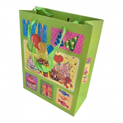 Пакет подарочный картонный с аппликацией Happy Birthday зеленый (18х23х8 см)