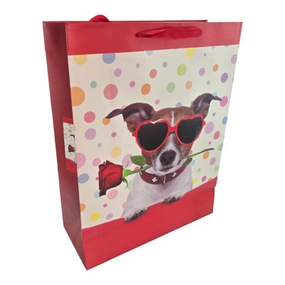 Пакет подарочный картонный Щенок с розой (30х38х12 см)