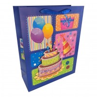 Пакет подарочный картонный с аппликацией Happy Birthday синий (30х38х12 см)