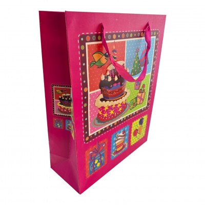 Пакет подарочный картонный с аппликацией Happy Birthday розовый (30х38х12 см)