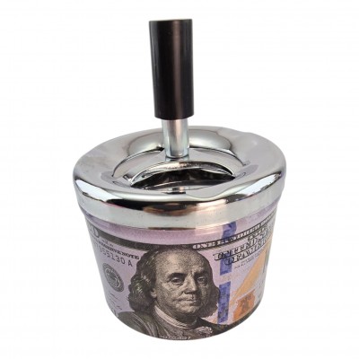 Пепельница с крышкой металлическая 100$ (d-9.5 см h-12 см)