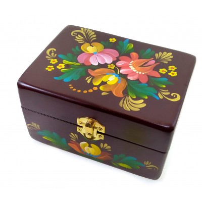 Шкатулка Коричневая с букетом из массива дерева,ручная роспись (16×10×8 см)