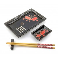 Сервиз для суши Красная сакура на черном фоне(28х14 см)(1 персона)