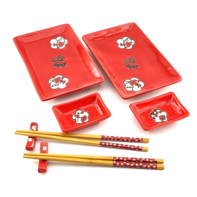 Сервиз для суши Цветы сакуры с иероглифом на красном фоне (2 персоны)(28х28,3х3,5 см)