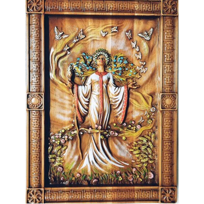 Панно Жива(40×29×2,4см),деревянное, резное,покрыто патиной, лаком ,эмалями,массив дерева