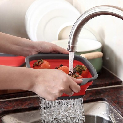 Дуршлаг силиконовый складной с ручками прямоугольный красный (23,5х18,5х7 см)