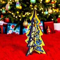 Новогодняя елка Цветочные узоры желто-синяя (18х12х0,4 см).Деревяная елочка, расписано вручную.