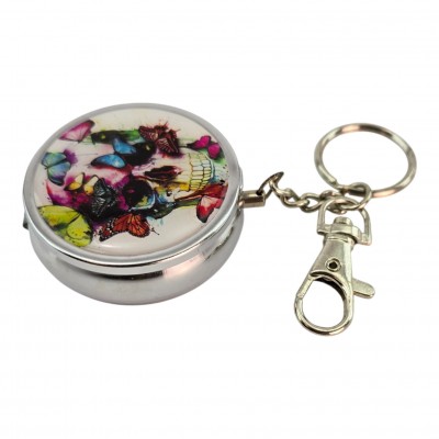 Пепельница-брелок карманная с рисунком металл Череп с бабочками  (d-5 h-1.7 см)