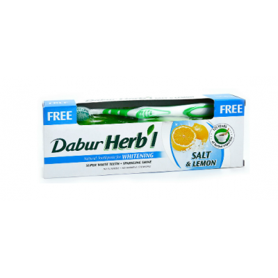 Зубная паста Отбеливающая соль с лимоном DABUR HERB'L 150г + зубная щетка