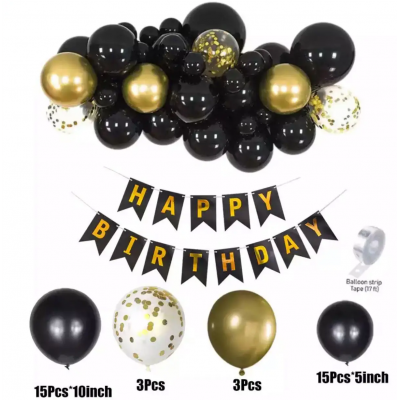 Арка из шаров с гирляндой Happy Birthday "Чёрное золото"