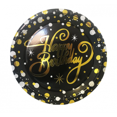 Тарелки бумажные одноразовые "Happy Birthday" золото на черном 18 см,10 шт