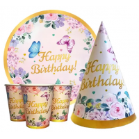 Набор для дня рождения " Happy Birthday бабочки " Тарелки -10 шт Стаканчики - 10 шт Колпачки - 10 шт 