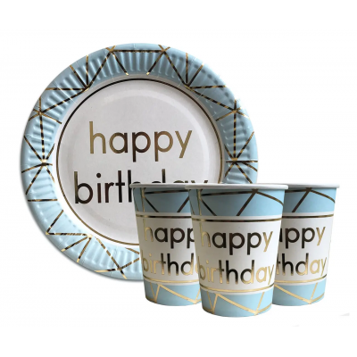 Набор одноразовой посуды "Happy Birthday голубые" Тарелки -10 шт Стаканчики - 10 шт