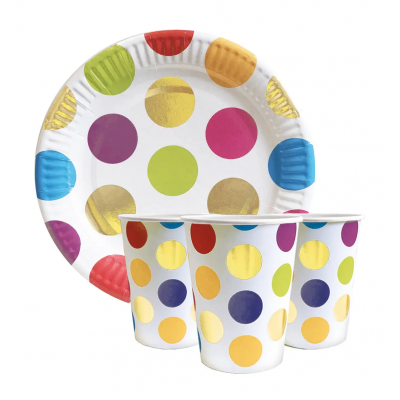 Набор одноразовой посуды " Горох цветной " Тарелки -10 шт Стаканчики - 10 шт