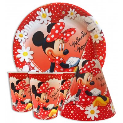 Набор для детского дня рождения " Минни Маус в ромашках " Тарелки -10 шт Стаканчики - 10 шт Колпачки - 10 шт