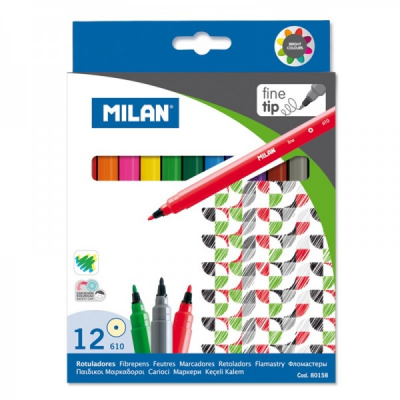 Набор фломастеров ТМ MILAN 80158 12цв.тонкие D2mm, вентилируемый колпачёк