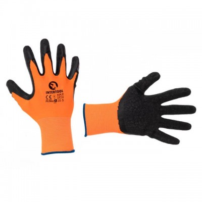 Перчатка трикотажная, синтетическая, оранжевая, покрыта черным рифленым латексом, 8" INTERTOOL SP-0118