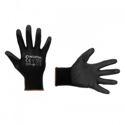Перчатка трикотажная,синтетическая,черного цвета, с полиуретановым покрытием,8" INTERTOOL SP-0167