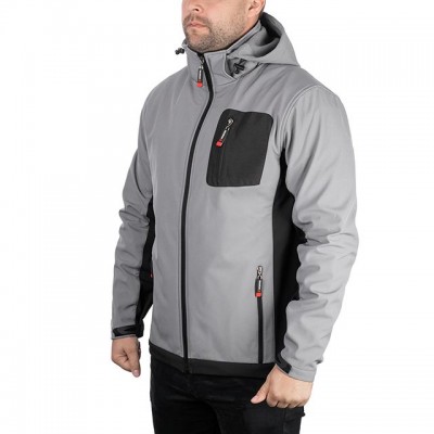 Куртка SOFTSHELL светло серо-черная, с капюшоном, трехслойная, ткань стрейч 300 GSM 100D с водо-, ветрозащитой INTERTOOL SP-3121,  размеры S-M-L-XL-2XL-3XL