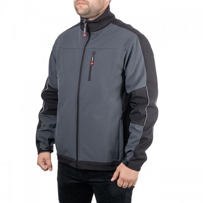 Куртка SOFTSHELL темно серо-черная, трехслойная, ткань стрейч 300 GSM 100D с водо-, ветрозащитой INTERTOOL SP-3132, размеры S-M-L-XL-2XL-3XL