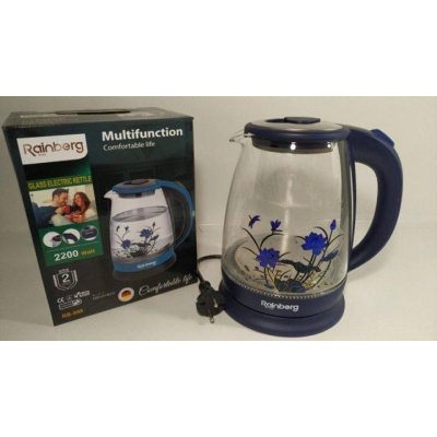 Электрический стеклянный чайник 1.8л. Rainberg RB-998 синий, с LED подсветкой, яркий принт