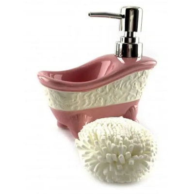 Диспенсер для мыла с мочалкой "Ванна" розовый(14х14х7 см)