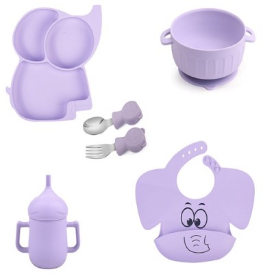 Посуда детская силиконовая "Слоник" 6пр/наб (вилка, ложка,чашка-поилка, слюнявчик, тарелки 2шт) см