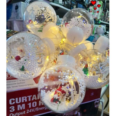 Гирлянда шарика с елкой и Дедом морозом (10шт. от usb, с пультом)